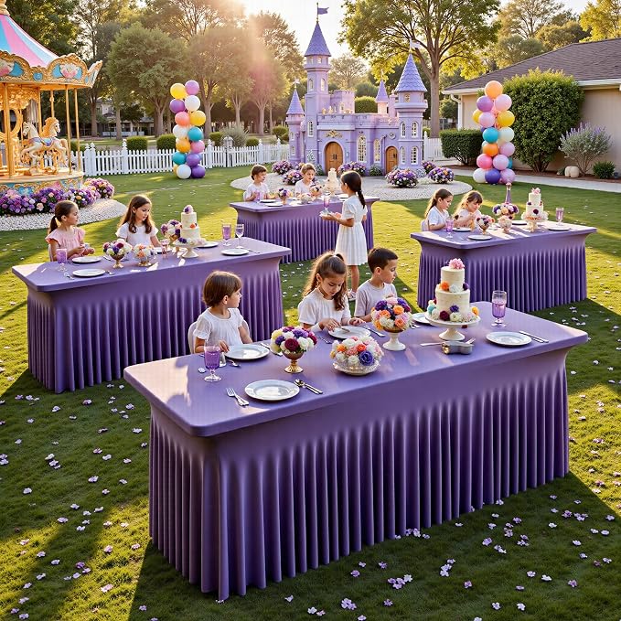 NSSONBEN 2 pk Purple Spandex Tablecloth for 8 Foot Rectangle Tables,Wrinkle Free Fitted Spandex Table Covers 8ft Stretch Table Cloths with Ruffle Skirt for Parties Weddings Banquet Baby Shower