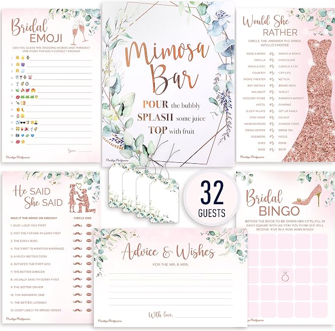 PRESTIGE Bridal Shower Games (32 Guests) + Mimosa Bar Supplies | 5 Games, Boho Bridal Shower Decorations Rose Gold, Greenery Theme Bridal Shower Favors Decor Kit, Bubbly Wedding Brunch Prizes (32 Set)
