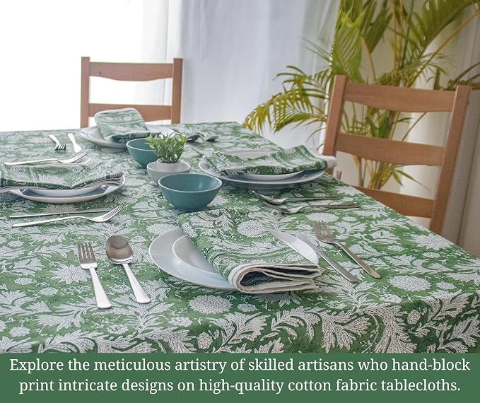 Block Print Table Cloth- Green 60x90 Inch Rectangle 100% Cotton Handmade Pre-Shrink, Washable for Spring, Kitchen & Dining Perfect for Chirstmas, Patio, Indoor & Outdoor, Farmhouse