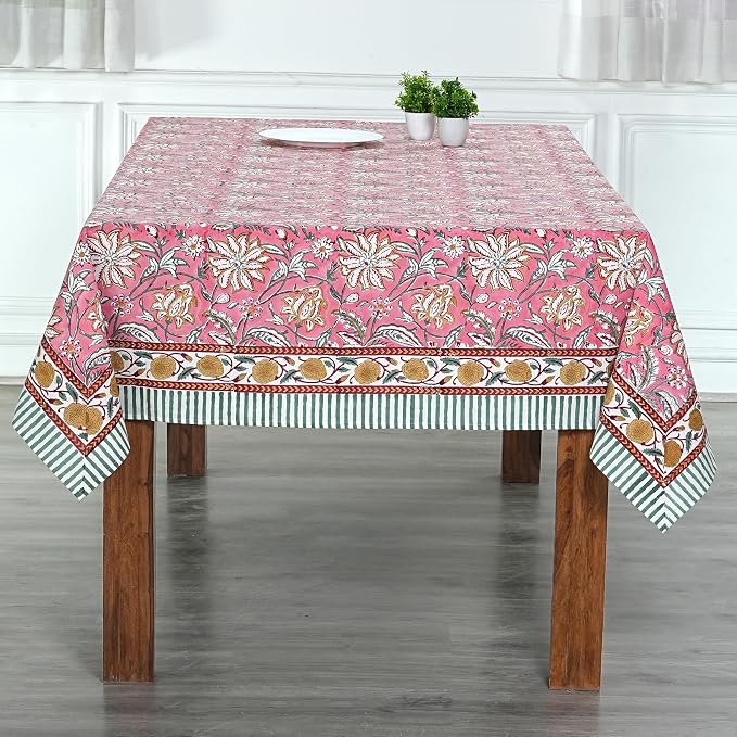 Ridhi Candy Pink Hand Block Print Cotton Rectangle Tablecloth 120" x 60" inches Reusable Table Cover Decorative Everyday Use for Dining Room, Farmhouse, Home Gift for Spring, Mother's Day