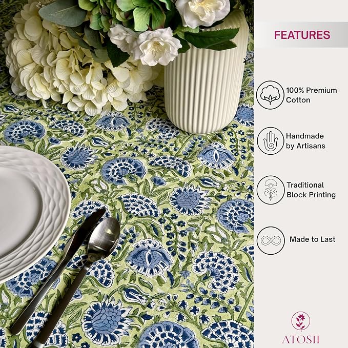 ATOSII Amara 100% Cotton Round Summer Tablecloth, Handblock Print Floral Table Cloth for Kitchen Dining Linen I Parties, Weddings, Outdoors I Grand Millennial Farmhouse Home Decor 72" Inches Round