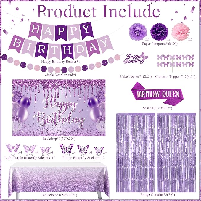 Purple Birthday Decorations for Women Girls Purple Party Decorations with Purple Balloon Arch Sash Banner Backdrop Tablecloth Cake Topper