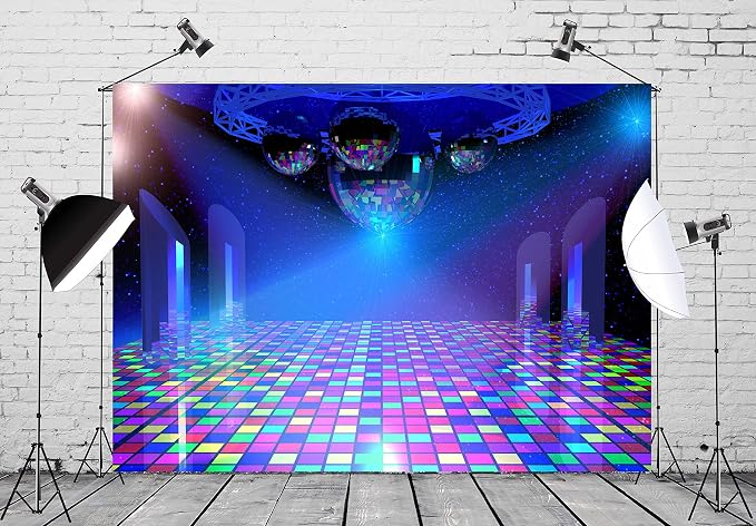 BELECO 12x8ft Fabric Disco Party Backdrop Vintage 70s 80s 90s Disco Ball Stage Backdrop Night Club Neon Music B'Day Backdrop Disco Theme Decor Let's Glow Crazy Backdrop Studio Props (Retro-11-1280)