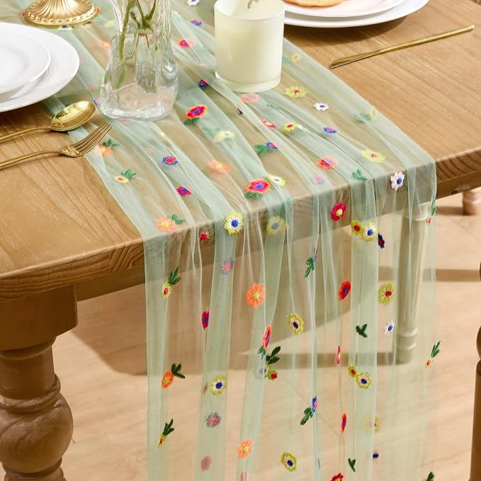 QueenDream 10FT Sage Green Floral Spring Table Runner Embroidery Daisy Gauze Table Runner for Summer Baby Shower Wedding Birthday Party