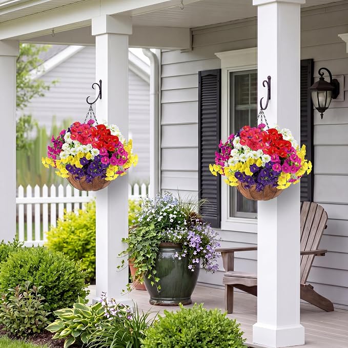 Artificial Flowers for Outdoors with Baskets Hanging Plant Faux Flowers UV Resistant Fake Silk Morning Glory with Eucalyptus for Planter Porch Garden Home Spring Summer Decoration(Mixed 6 colors)