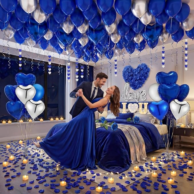 Realspring Blue and Silver Balloons Hotel Room Decor for Special Night Happy Romantic Anniversary Decorations Artificial Rose Petals with Heart Lights Kit for Proposal Engagement Birthday