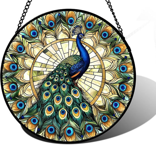 DASTOLL Stained Glass Window Hanging - Retro Peacock Decoration Suncatcher for Door Garden Home Bird Feather Sun Catchers Christmas Mother's Day Birthday Gifts for Women Men Mom Nana Friend 9.8 in