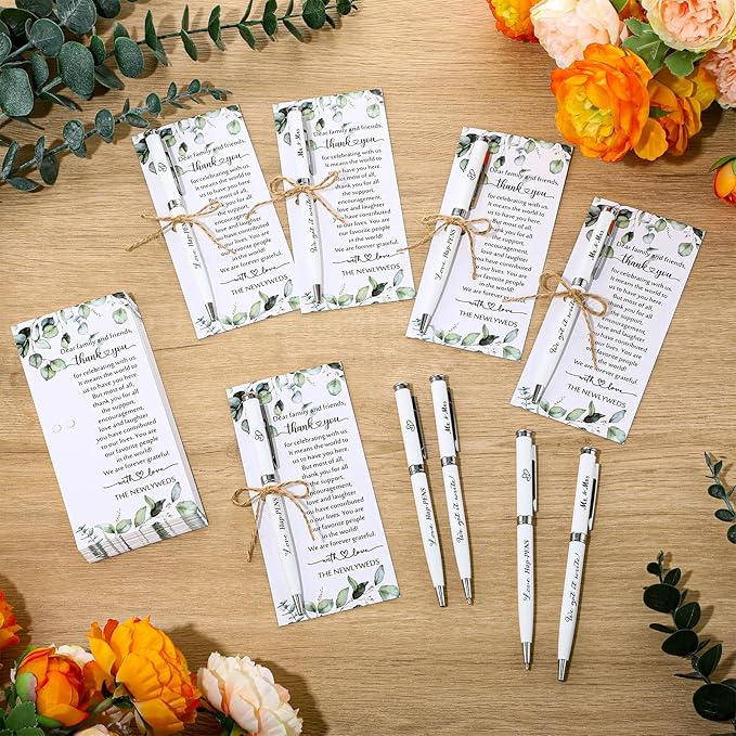Affrolling 25 Sets Wedding Favors for Guests Bulk Retractable Ballpoint Pen Thank You Cards with Bridal Shower Gift for Guest Wedding Souvenirs Newlyweds Party Supplies (Leaf Style,Hemp Rope)