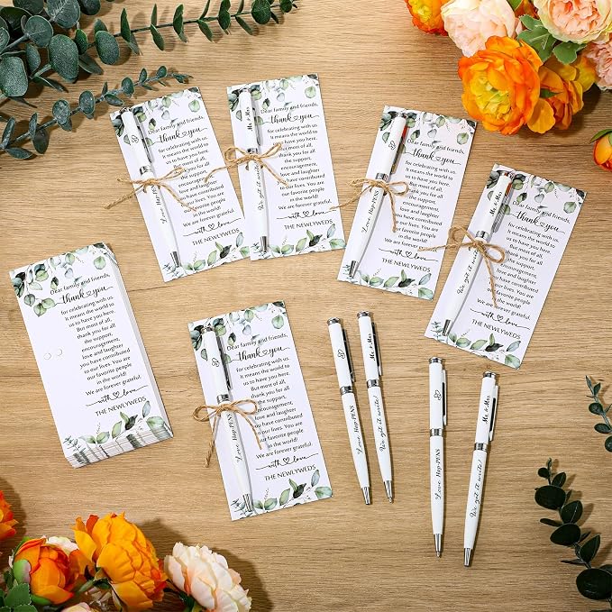 Affrolling 50 Sets Wedding Favors for Guests Bulk Retractable Ballpoint Pen Thank You Cards with Bridal Shower Gift for Guest Wedding Souvenirs Newlyweds Party Supplies (Leaf,Hemp Rope)