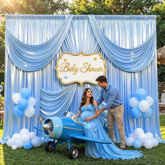Blue Glitter Backdrop Curtains - 10x12FT Satin Photo Backdrop, Wrinkle-Free Shimmer Back Drop Cloth Shiny Drapes for Photobooth Wedding Birthday Parties Photoshoot Background Decorations