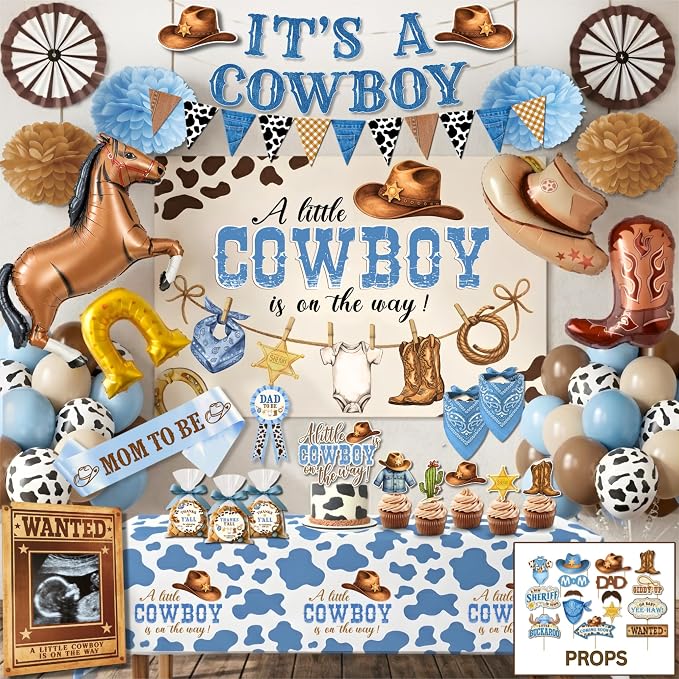Premium Cowboy Baby Shower Decorations for Boy, A Little Cowboy is on the Way Decorations, Western Baby Shower Decor with Backdrop, Balloons, Banner, Table Decor, Sash, Photo Props, and More