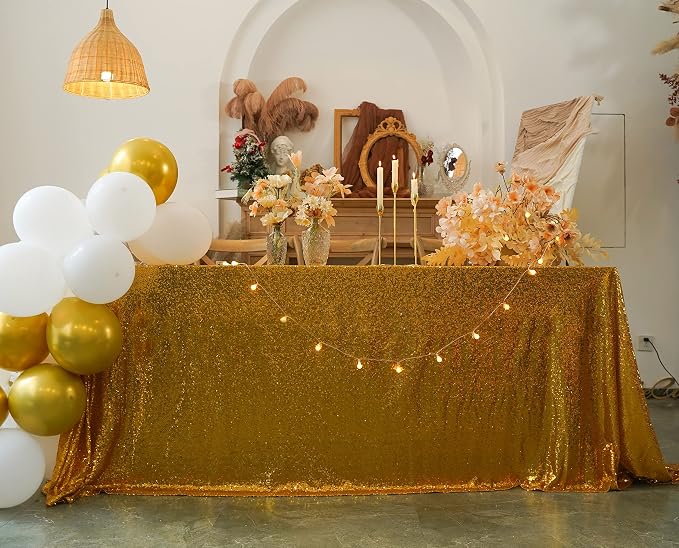 60 x 102 Inch Gold Sequin Tablecloth Rectangle Sparkle Table Cover for Wedding Birthday Party Festival Ceremony Cake Dessert Table Cloth