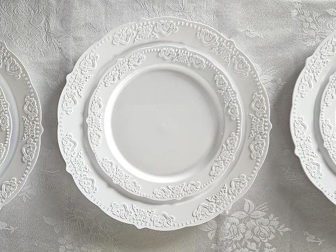 OCCASIONS 50 Pack (25 Guests) Heavy Duty Fancy Disposable Plastic Plates Set, 25x10.25'' Dinner + 25x7.5'' Salad/Dessert, China-Like Look for Wedding Party, Birthday, BPA Free (Portofino Plain White)