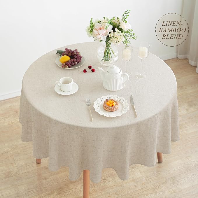 Linen World Round Linen Blend Tablecloth 90 Inch | Linen Look, Soft Cool & Breathable, Machine Washable, Natural, Dining Kitchen Outdoor Decorative