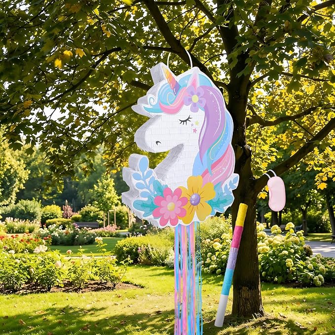 Unicorn Piñata - Unicorn Party Supplies Piñata Bundle with Hair Clip Blindfold and Bat, Pull String Pinata for Birthday Favors Decorations Supplies (16x12x3 Inches)