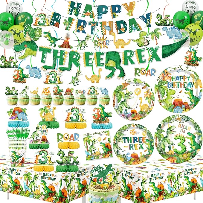Three Rex Bday Decorations for Boys Dinosaur 3rd Bday Party Supplies Pre-strung Banners T-rex 3 Rex Dino Tableware Honeycomb Centerpieces Talbelcoth Hanging Swirls Cupcake Topper Balloons Serve 25