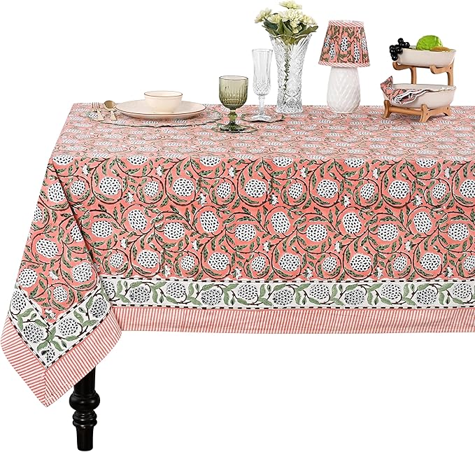 Ridhi Dark Salmon Pink Hand Block Print Cotton Rectangle Tablecloth 90" x 60" inches Reusable Table Cover Decorative Everyday Use for Dining Room, Farmhouse, Home Gift for Spring, Mother's Day