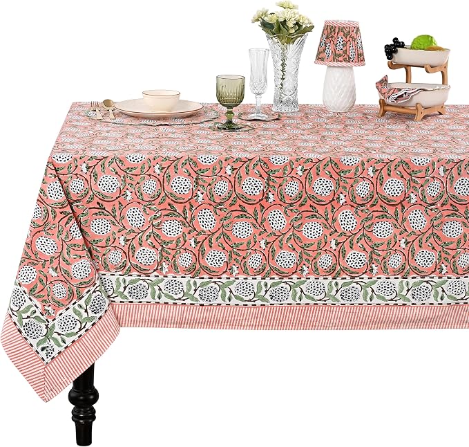 Ridhi Dark Salmon Pink Hand Block Print Cotton Rectangle Tablecloth 160" x 72" inches Reusable Table Cover Decorative Everyday Use for Dining Room, Farmhouse, Home Gift for Spring, Mother's Day