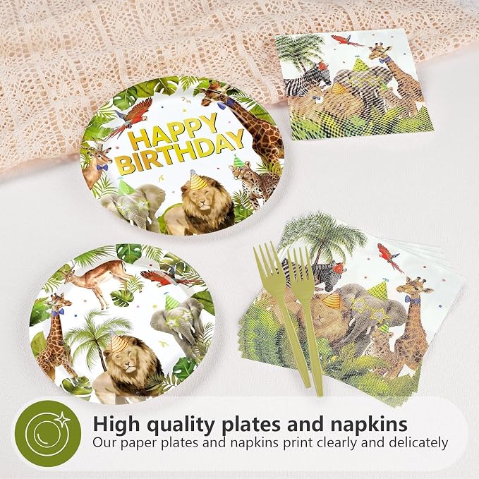 96Pcs African Safari Birthday Decorations Jungle Theme Plates Forks and Napkins Wild Animals Disposable Paper Plates for Jungle Zoo Lion Birthday Party Supplies Serves 24