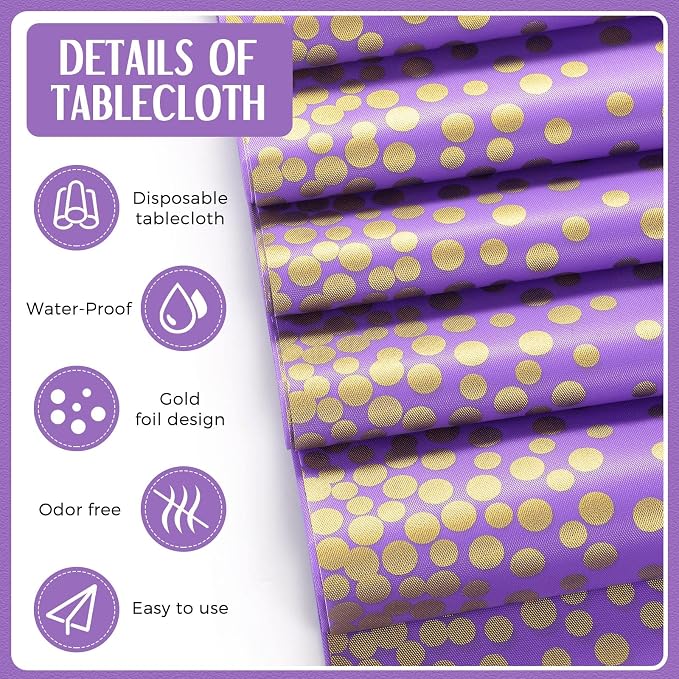 Tudomro 16 Pcs Purple and Gold Disposable Plastic Tablecloths and Satin Table Runner Set 54x108 Inch Tablecloth 12x108 Inch Table Runners for New Year Wedding Birthday Baby Shower Graduation