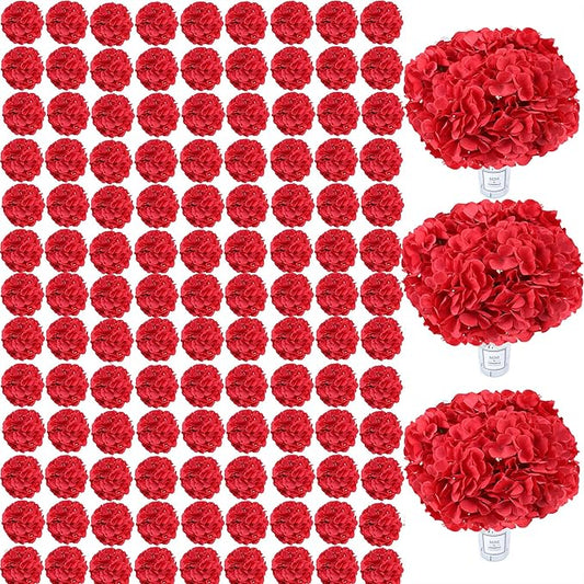 AVIVIHO 105Pcs Red Fake Flowers Hydrangea Artificial Flowers Bulk (Not Squished, No Steaming Need) Silk Flowers with Stems for Wedding Decor,Home,Baby Shower,Table Centerpieces Decoration
