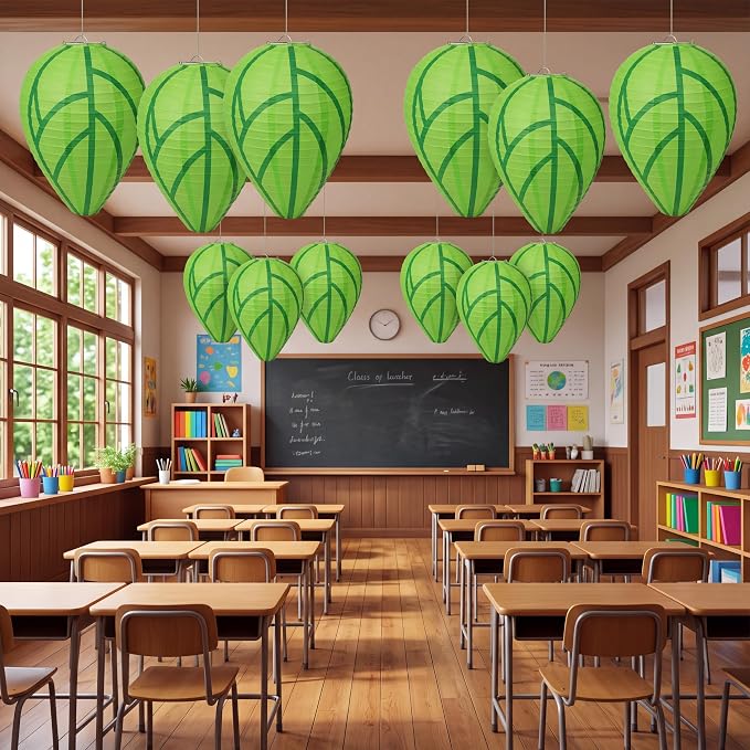 Zhengmy 12 Pack Nature Forest Classroom Decor Green Leaf Hanging Paper Lanterns Back to School Art Ceiling Hanging Decorations Paper Lanterns for School Vbs Vacation Camping Party Favors