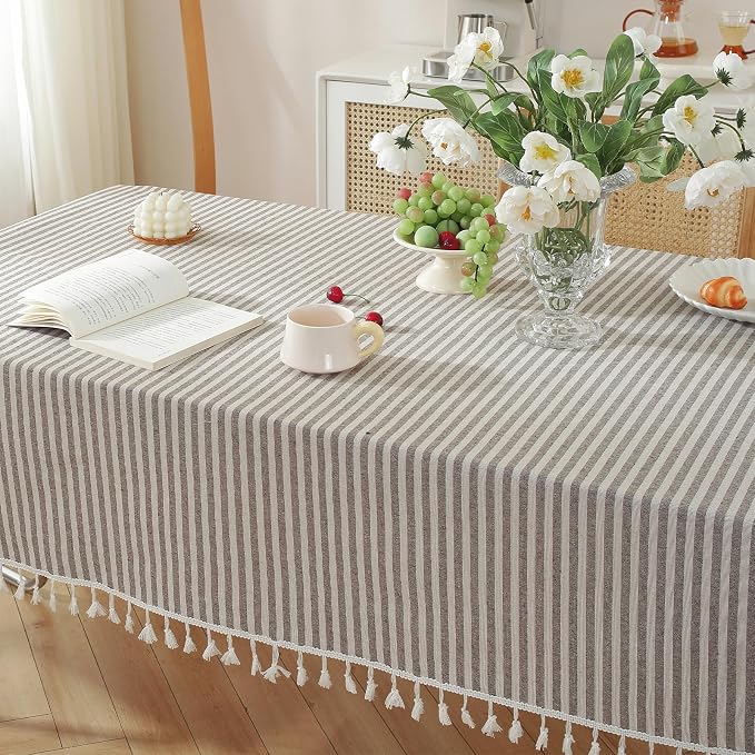 meioro Striped Tablecloth Rectangle Tablecloths Cotton Blend Table Cloth Washable Tabletop Decorative Fabric Table Cover for Kitchen Dinning (Brown, 60 x 84 Inch)