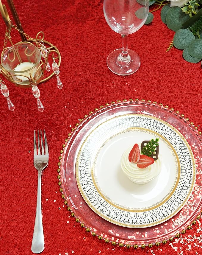 Eternal Beauty Red Tablecloth, 90x132 Inch Sequin Christmas Rectangle Table Cover for Valentines Cake Dessert Exhibition Party Birthday Events