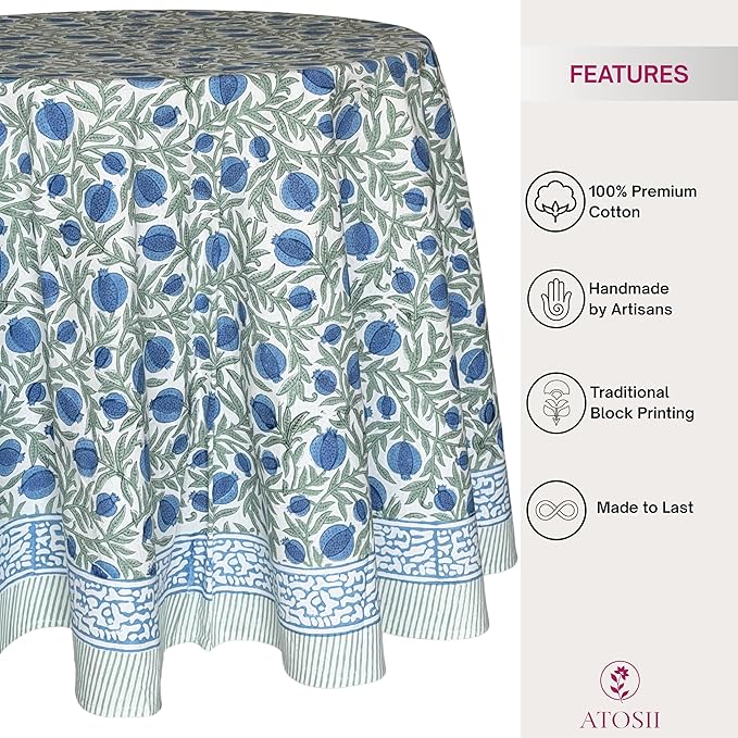 ATOSII Anar Blue 100% Cotton Round Boho Fall Tablecloth, Handblock Floral Table Cloth Linen for Kitchen Dining I Parties Weddings Outdoors Picnics Easter Mothers Day I 90" Inches Round I 6-8 Seater