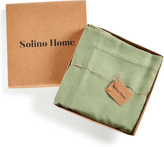 Solino Home Linen Tablecloth 60 x 120 Inch - 100% Pure Linen Chambray Olive Table Cloth for Rectangle Tables - Athena, Machine Washable Tablecloth for Summer