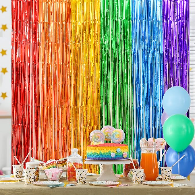 LOLStar Rainbow Photo Booth Props 4 Packs Rainbow Party Decorations 13.2x6.6 ft Foil Fringe Curtains Tinsel Metallic Streamers Holiday Backdrop for Birthday Easter Engagement Bridal Shower Pride