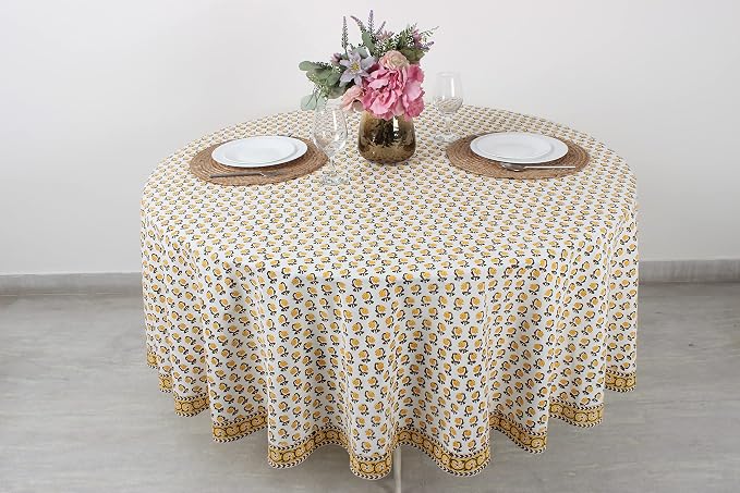 Ridhi Round Tablecloth Hand Block Print 100% Cotton Reusable Vintage Yellow 132 Inch Table Cover Decorative Everyday Use for Dining, Home, Party, Wedding, Farmhouse Gift for Spring, Mother's Day