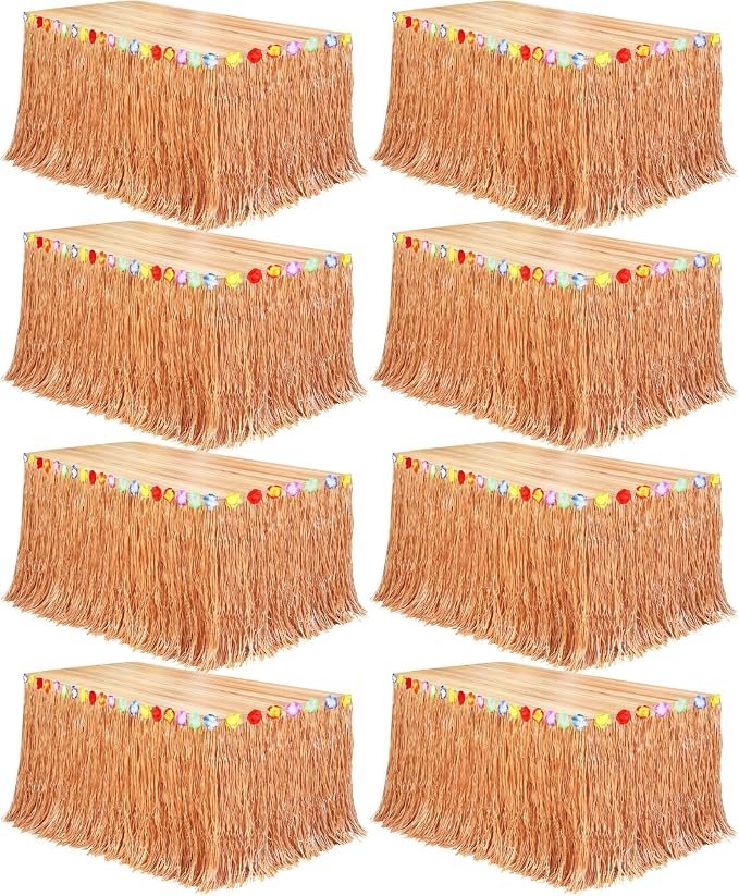 Fovths 8 Pack Luau Grass Table Skirt Natural 9 Feet x 29.5 Inch Hawaiian Table Skirt for Tropical Hawaiian Party Decorations Luau Party Costume, Reddish Golden Brown