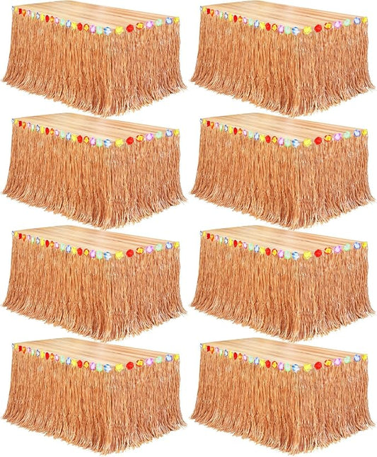 Fovths 8 Pack Luau Grass Table Skirt Natural 9 Feet x 29.5 Inch Hawaiian Table Skirt for Tropical Hawaiian Party Decorations Luau Party Costume, Reddish Golden Brown