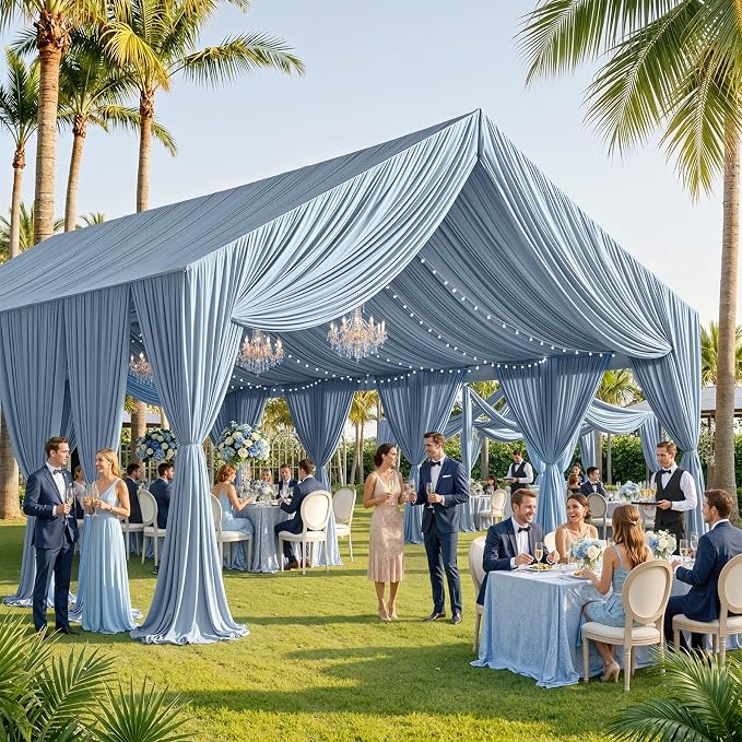 50ftx40ft Dusty Blue Ceiling Curtain for Wedding Parties – 10 Panels Wrinkle-Free 40 FT Long Tent Draping Curtains for Wedding, Birthday & Theme Parties, 40ft Height with Rod Pocket