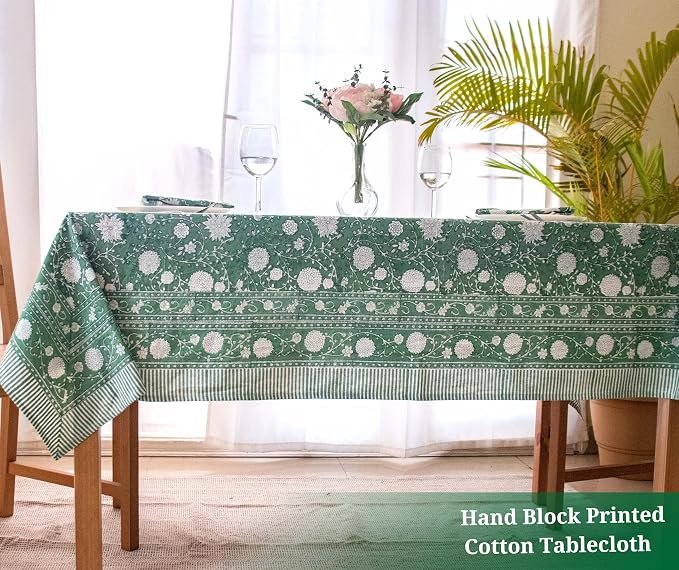 Block Print Table Cloth- 60x120 Inch Rectangle 100% Cotton Handmade Pre-Shrink, Washable for Spring, Kitchen & Dining Perfect for Patio, Indoor & Outdoor, Farmhouse