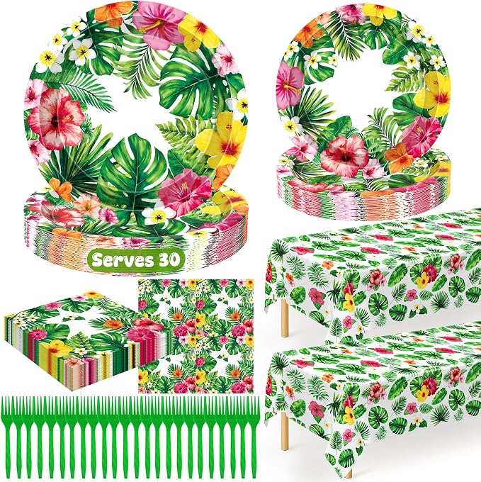 QZYL 122Pcs Luau Party Decorations, 30 Sets Paper Luau Plates and Napkins, Disposable 9" and 7" Hawaiian Party Decorations, Rectangle Hibiscus Palm Leaf Tableware for Summer Holiday Hawaiian Supplies