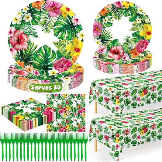 QZYL 122Pcs Luau Party Decorations, 30 Sets Paper Luau Plates and Napkins, Disposable 9" and 7" Hawaiian Party Decorations, Rectangle Hibiscus Palm Leaf Tableware for Summer Holiday Hawaiian Supplies