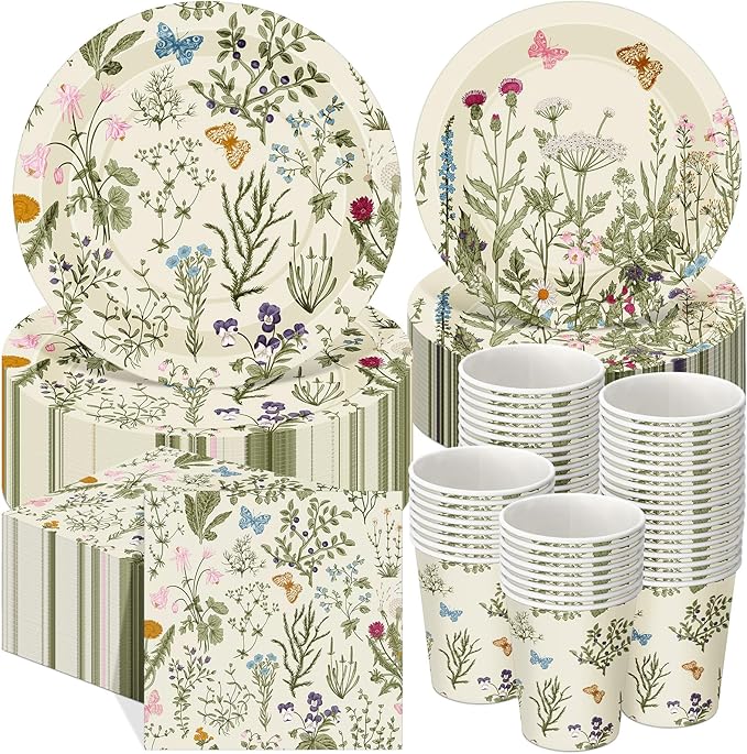 Ziliny 250 Pcs Wildflower Party Decorations Include Spring Summer Floral Paper Plates Napkins and Cups for Wildflower Baby Shower Tea Decorations, Serve 50 Guest(Light Green,Vintage Style)