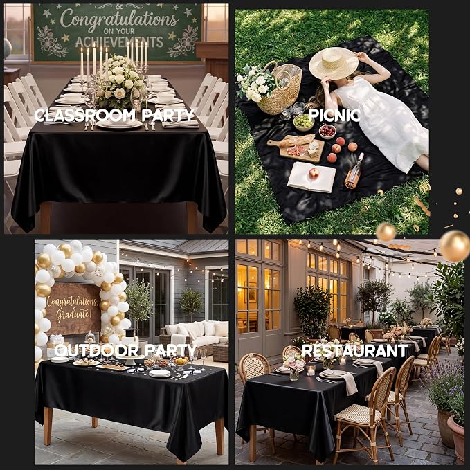 4 Pack Black Satin Tablecloth 58 x 102 Inches, Rectangular Satin Table Cloths for Wedding Reception, Birthday Party, Graduation & Holiday Banquet Tables