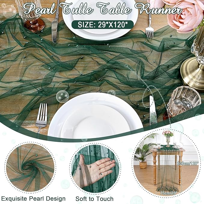 Pearl Table Runner Tulle Fabric: 10ft Pearl Kitchen Linen 29x120 Inch Emarald Green Sheer Gauze Fabrics 6pcs for Wedding Decor Birthday Party St. Patrick's Day Dining Table Cover
