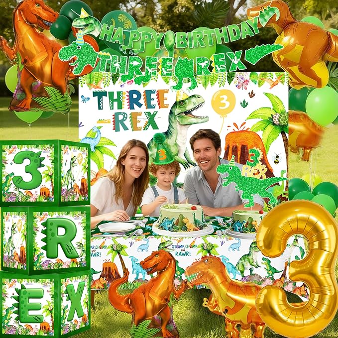 Three Rex Dinosaur 3rd Birthday Decorations For Boys – Dino 3rd Birthday Party Supplies With Banner, Letter Balloons, Backdrop, Tablecloth, Balloon And Boxes,Table Centerpieces For 3 Rex Party