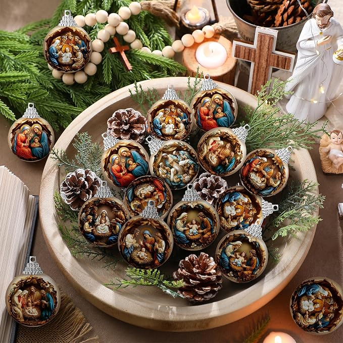 Outus 16 Pcs Christmas Nativity Scene Ornaments Ball for Tree Religious Christmas Tree Nativity Scene Hanging Ornaments The Birth of Jesus Decor Christian Religious Gifts for Christian Family