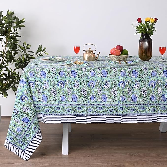 Hand Block Printed Tablecloth, Colorful Floral Print, Indian Artisan Handmade Art, Dining Room, Kitchen, Outdoor Décor, (Mint Green Blue, 14 Seater 72 x 160 Inches Rectangle)