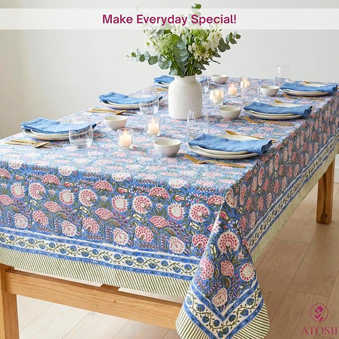 ATOSII Clover Pink 100% Cotton Rectangle Boho Fall Tablecloth, Handblock Floral Table Cloth Linen for Kitchen Dining I Parties Wedding Outdoors Christmas Thanksgiving I 72 X 140 Inches I 12 Seater