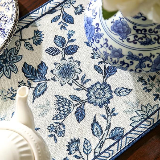 bilin gaier Blue and White Floral Linen Small Table Runner,Wrinkle-Resistant Luxury Farmhouse Decor,Decorative Vintage Runner Table Cloth for Coffee & Dining Table and Living Room,12"x63" - SuqingA
