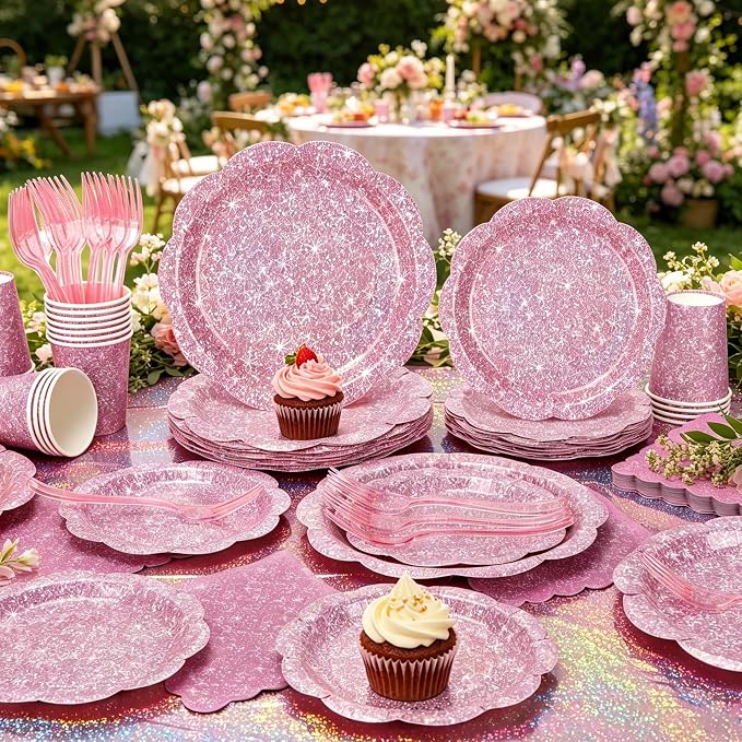 Light Pink Iridescent Plates and Napkins Set, Disposable Holographic Plates Cups Napkins Forks Tablecloth Party Supplies for Birthday Baby Shower Bridal Shower Party Decorations, Serves 24 Guests