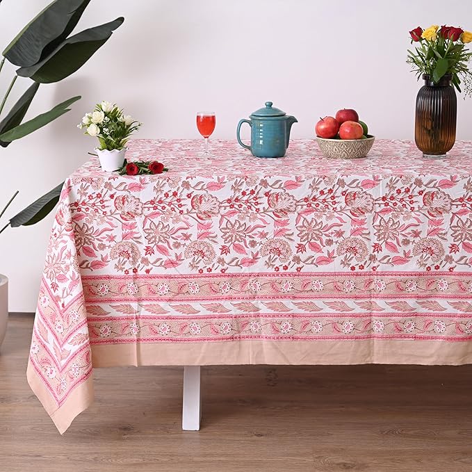 Hand Block Printed Tablecloth, Colorful Floral Print, Indian Artisan Handmade Art, Dining Room, Kitchen, Outdoor Décor, (Pink Meadow Bloom, 8 Seater 72 x 108 Inches Rectangle)