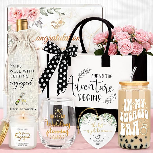 Engagement Gifts for Women Couples Bride to Be Gifts for Newly Engaged Couple Personalized Fiance Future Mrs Gift Ideas Unique for Her With Coffee Glass Wine Glass Wine Bag Candle Acrylic Ornament