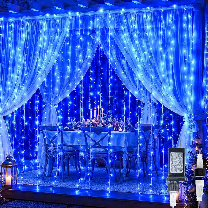 HEYFUNi Blue Christmas Curtain Lights Plug in, 304 LED 9.8FT x 9.8FT | 8 Modes Blue Bachdrop Lights with Memory, Hanging String Lights for Bedroom, Wedding, Christmas, Party, Patio, Dorm Decor